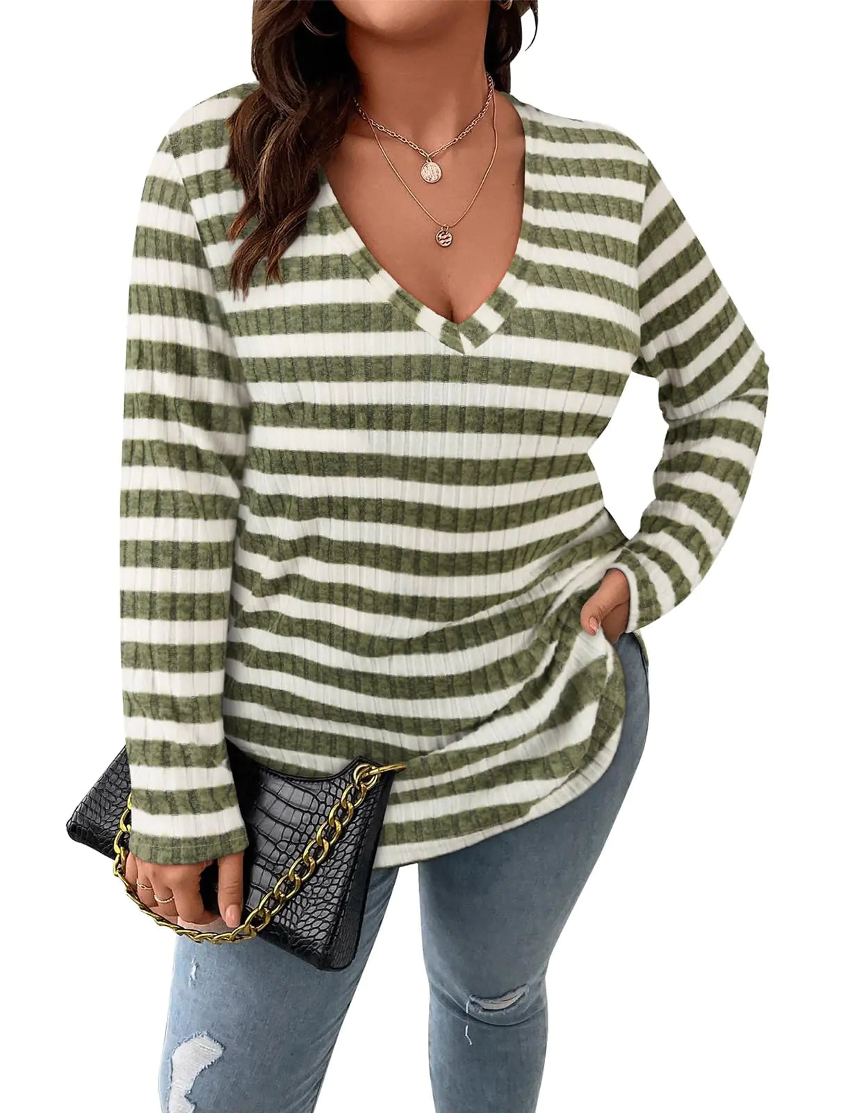 Women Cute Green Striped Color Block Tunic Tops