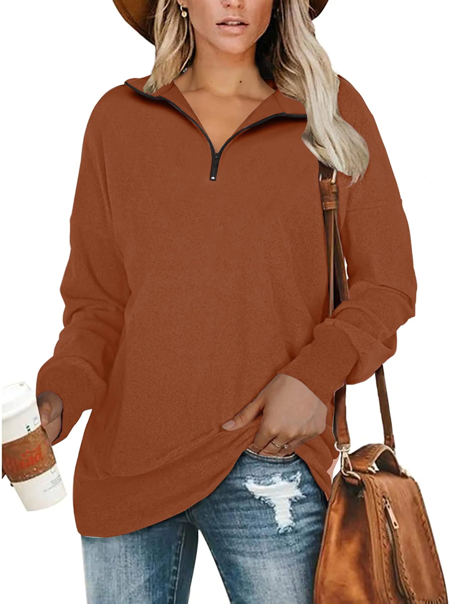 Women Half Zip Oversized Pullover Long Sleeve Sweatshirt Caramel Brown