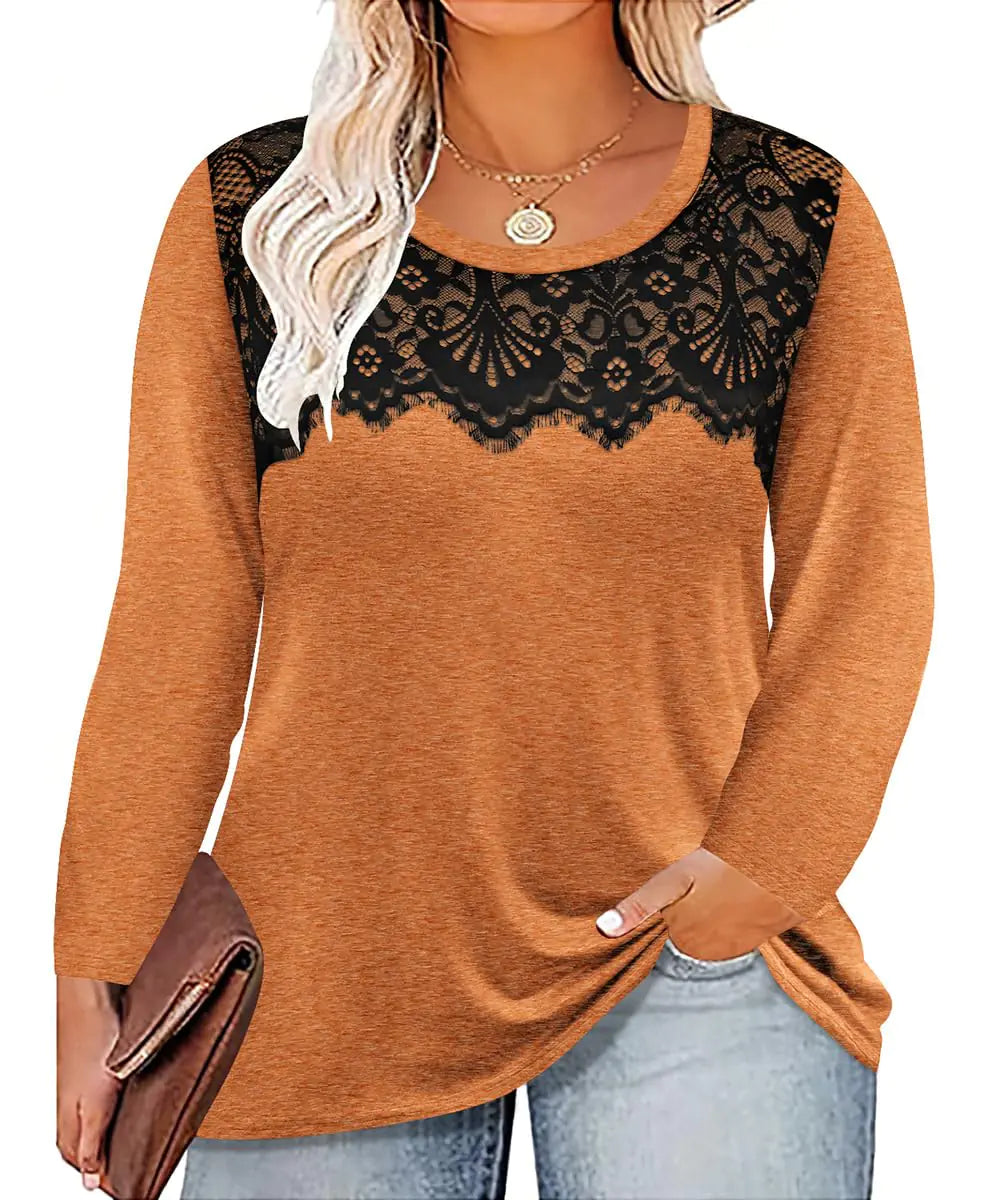 Women Orange Lace Tops for Long Sleeve Crewneck Pullover
