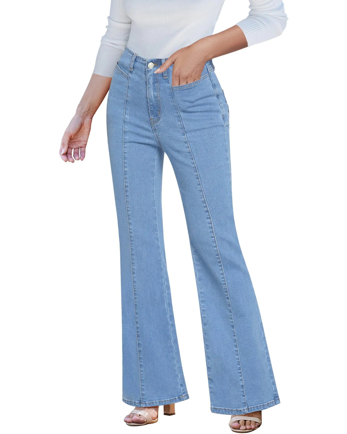 luvamia Women Trendy Flared Bell Bottom Jeans Blue