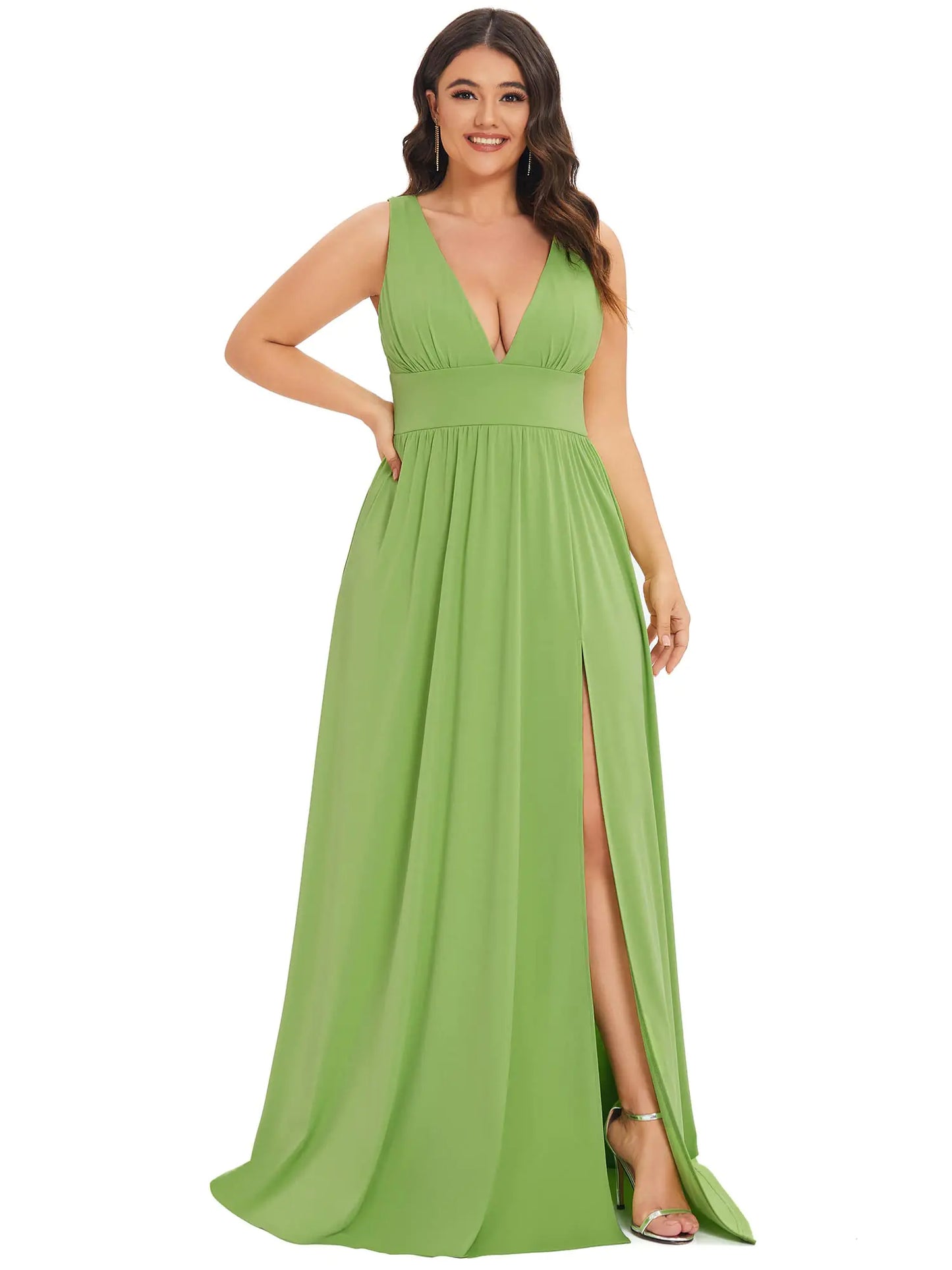 Ever-Pretty Summer Maxi High Slit Pleated Sleeveless Formal Dresses Avocado Green