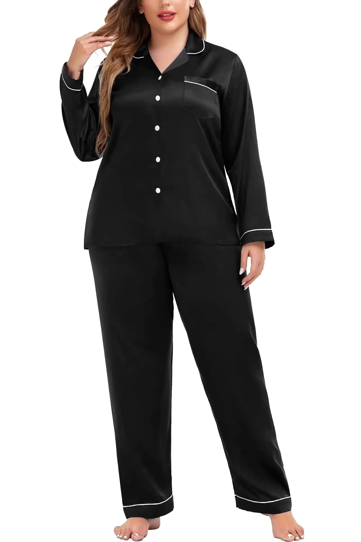 Women Pajama Set-Silk Satin Pajamas Long Sleeve Sleepwear Button Down PJs Soft Pj Set with Chest Pocket