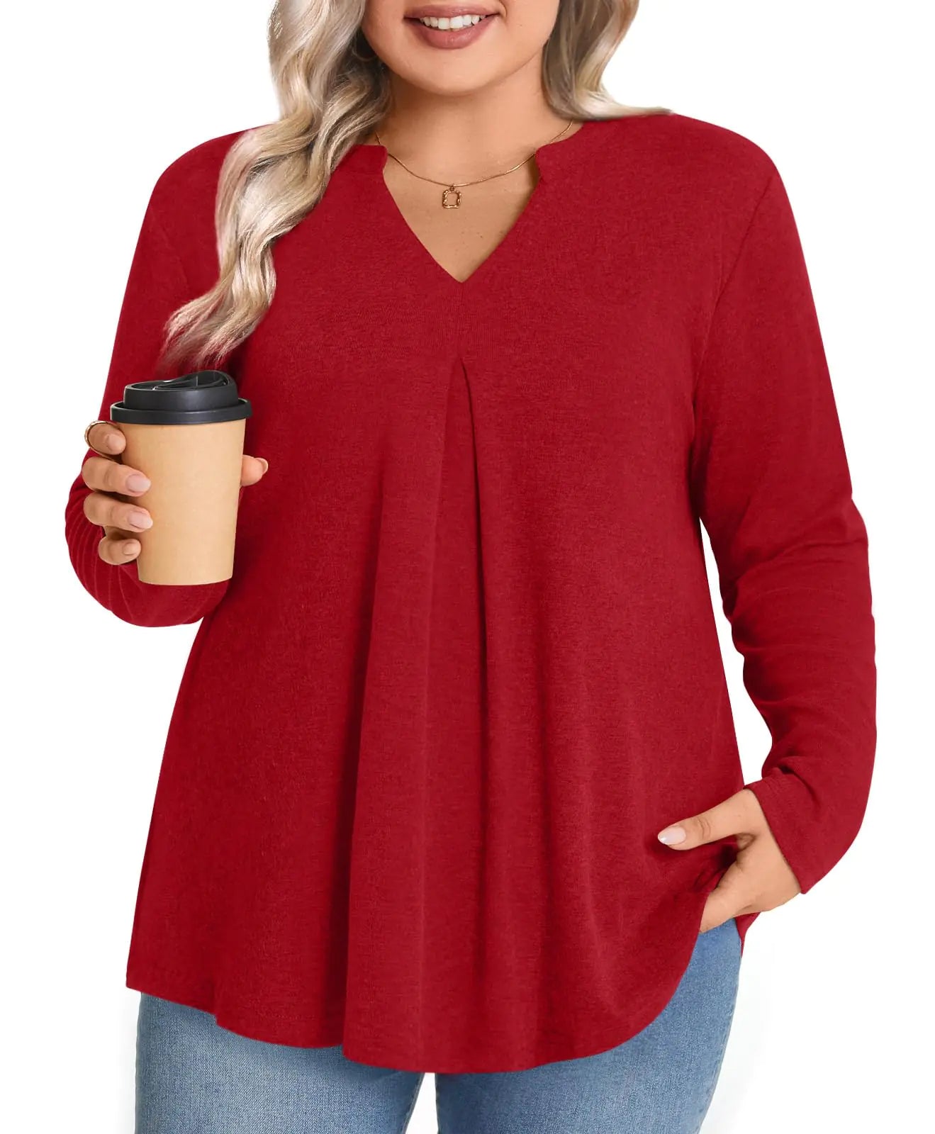 Women Long Sleeve Henley Dressy Tops Red