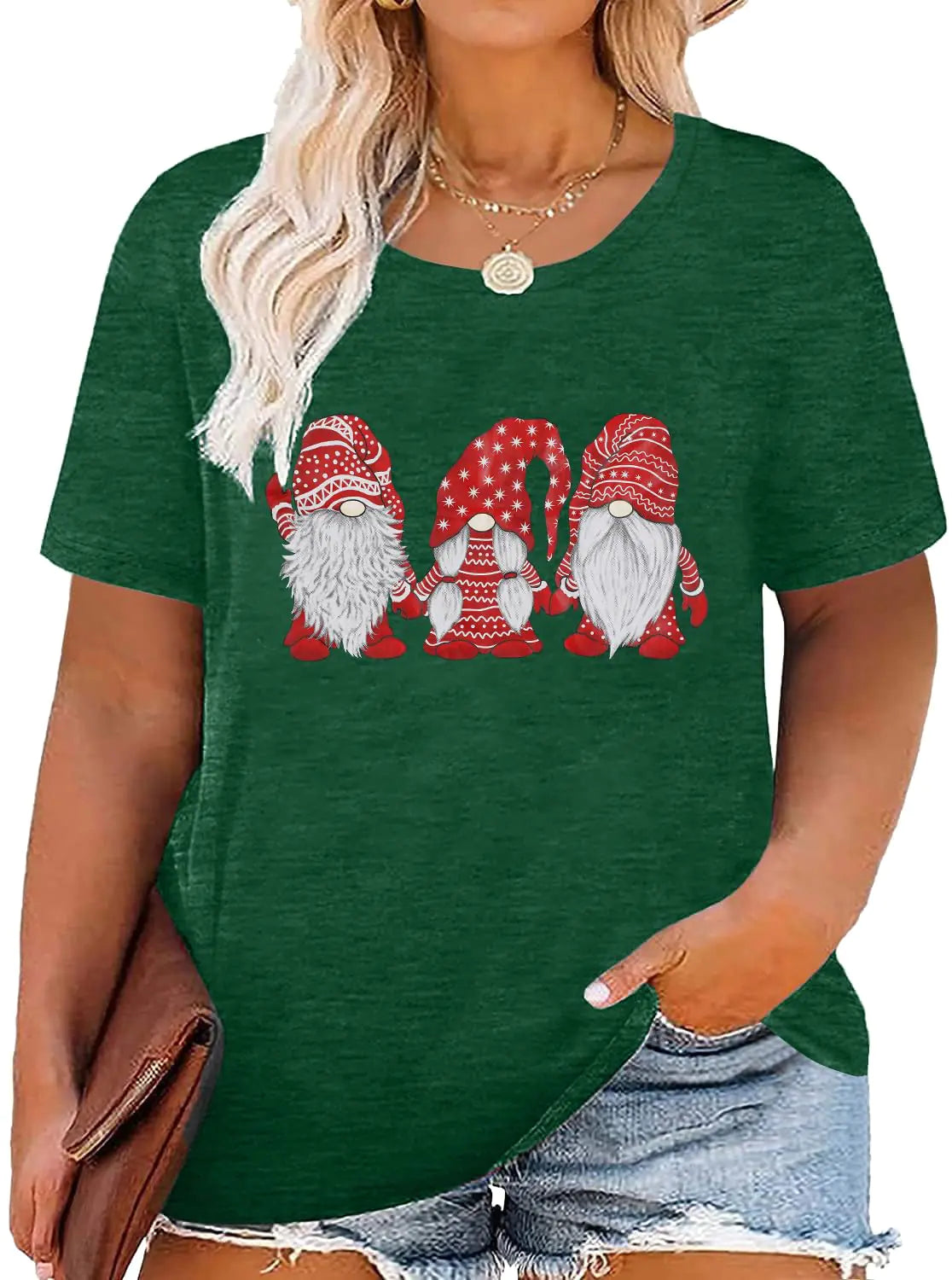 Women Three Little Gnomes Santa Graphic Christmas Short Sleeve Shirt Green