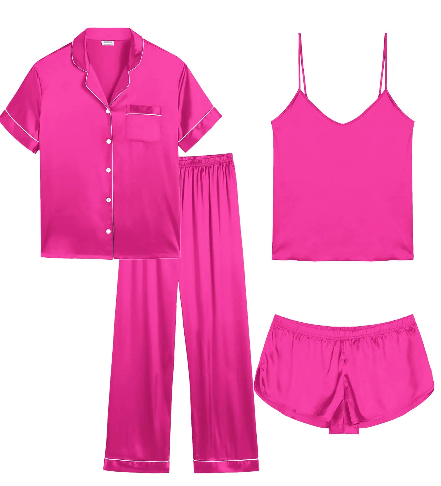 SWOMOG Women Pajama Set 4pcs Silk Satin Sleepwear Button Down