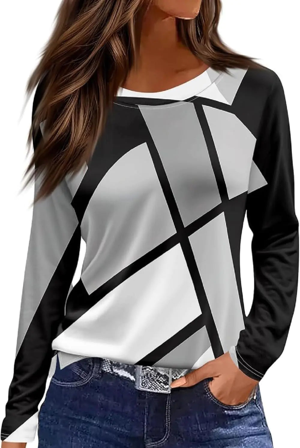 Women Trendy Long Sleeve T Shirt Black, White and Gray