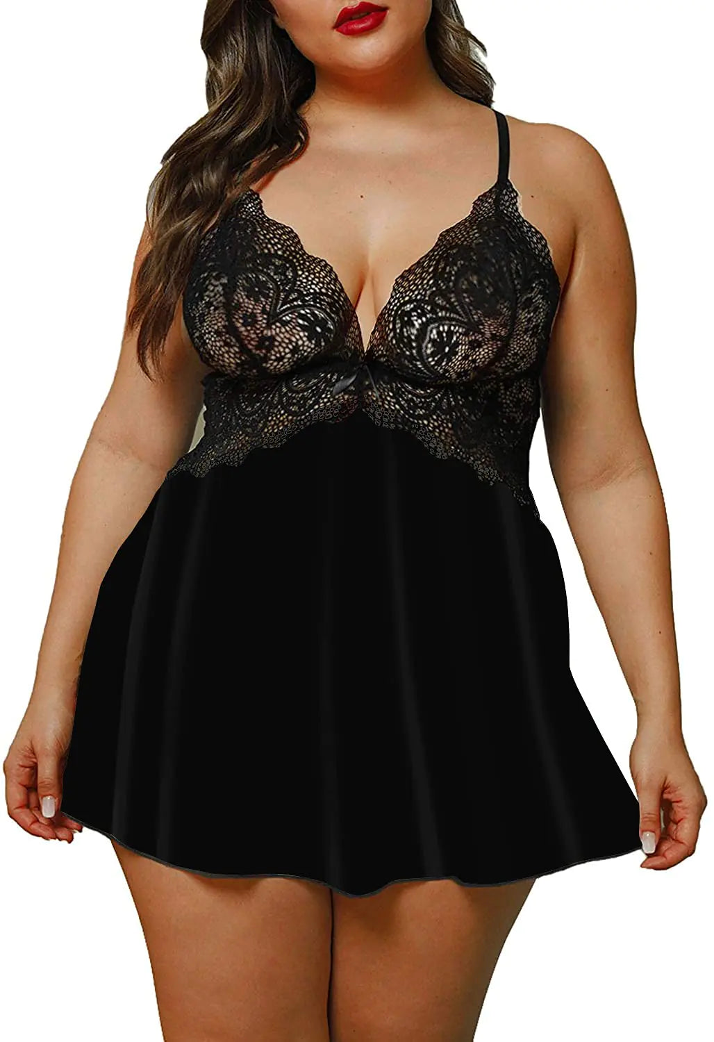 Women Lace V Neck Babydoll Lingerie Sleepwear Black