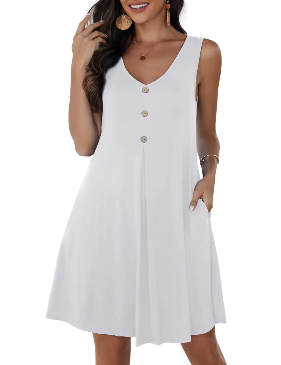 JollieLovin Women Sleeveless V Neck Sundress White