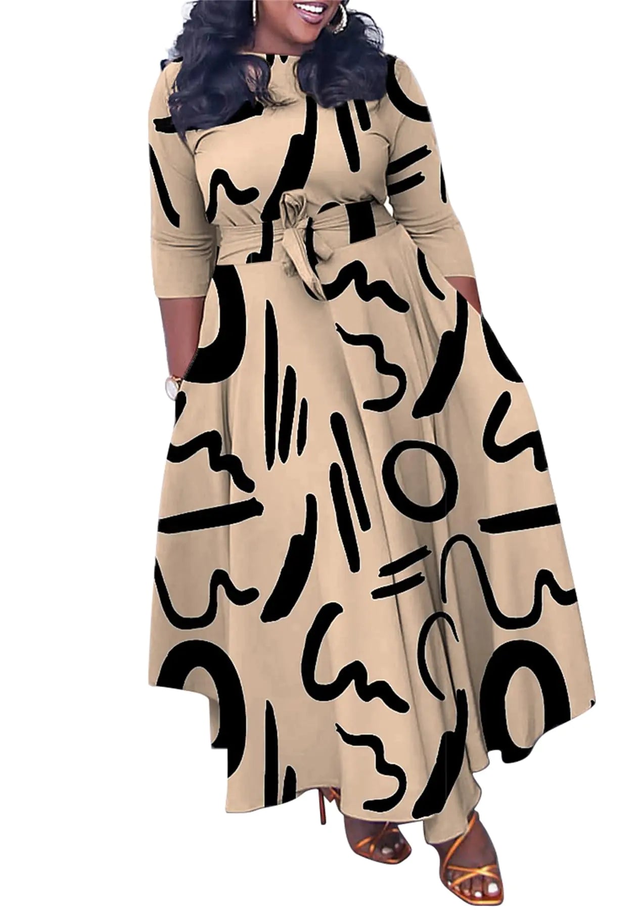 Xuideoy Women 3/4 Sleeve Flowy Ruffle African Print Long Dress