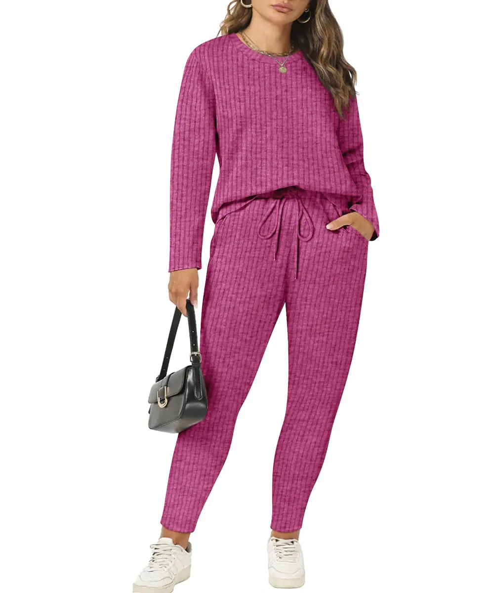 RITERA Women Long Sleeve 2 Piece Ribbed Knit Outfits Pink
