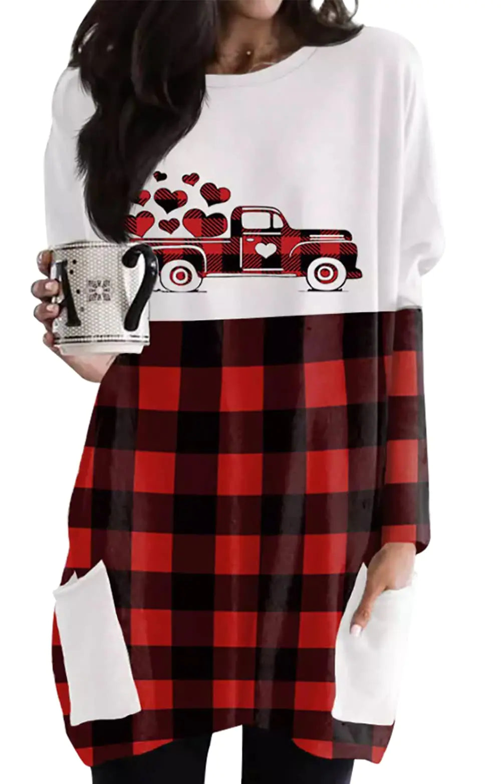 MOUSYA Women Heart Graphic Tops/Sweatshirt with Pockets Red White