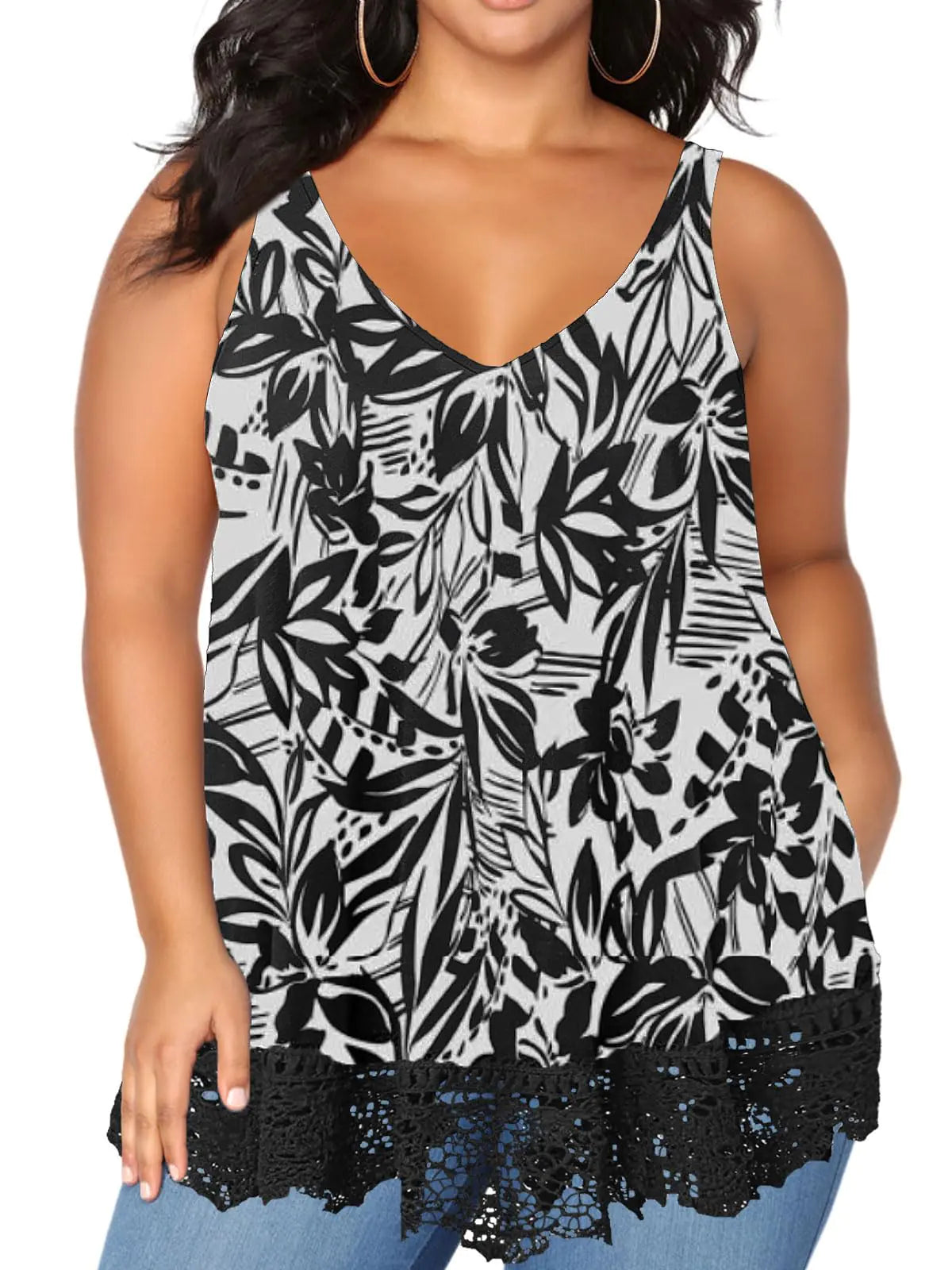 Women Floral Lace Sleeveless Tunic Loose Fit V Neck Blouse Black