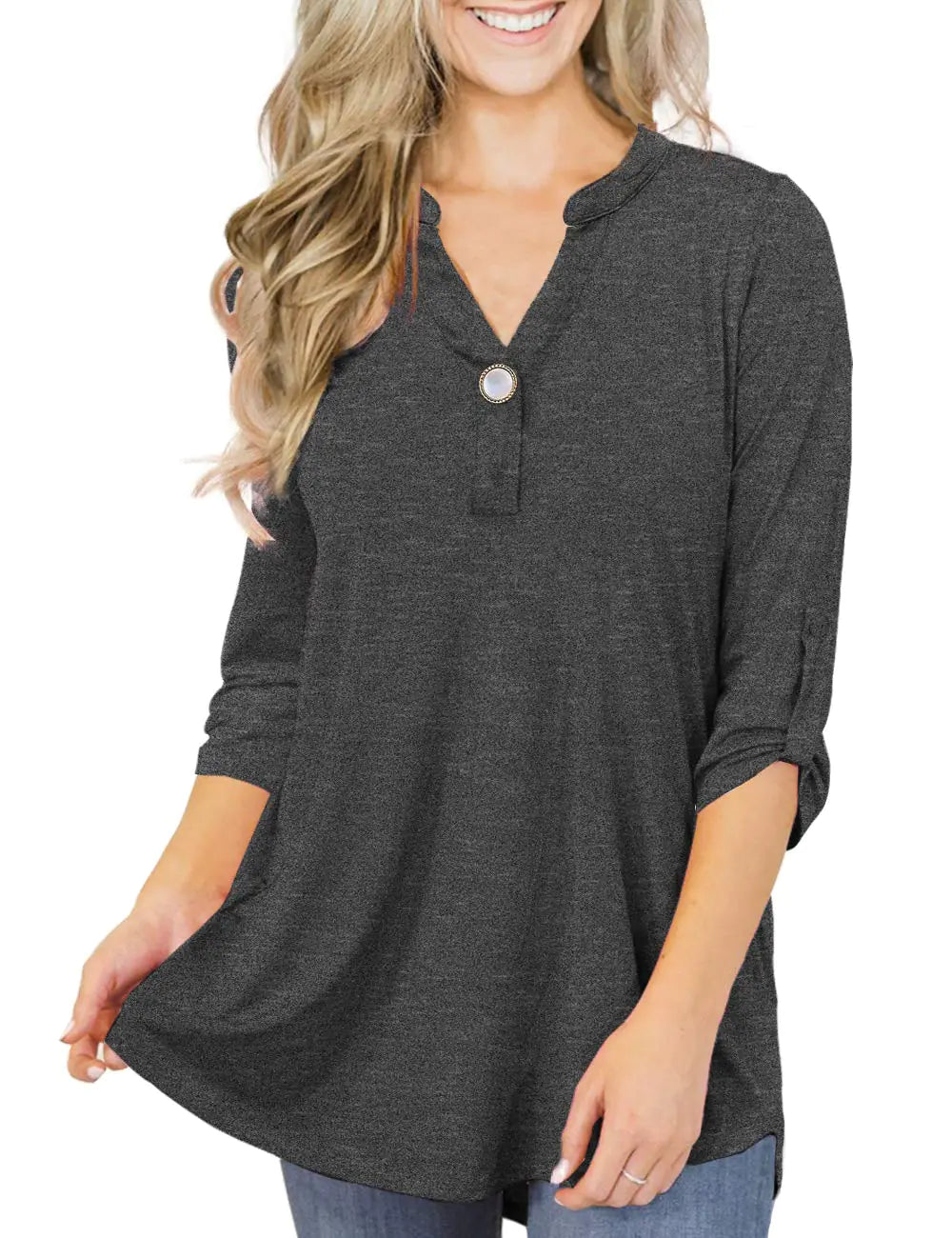 Women 3/4 Sleeve Tunic Top Loose Fit Henley Shirts Black