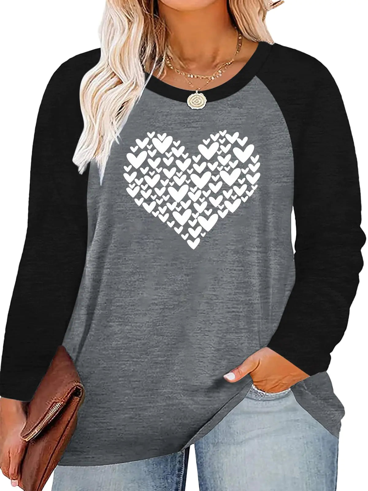 Women Love Heart Print Graphic Tee Tops Long Sleeve Tops