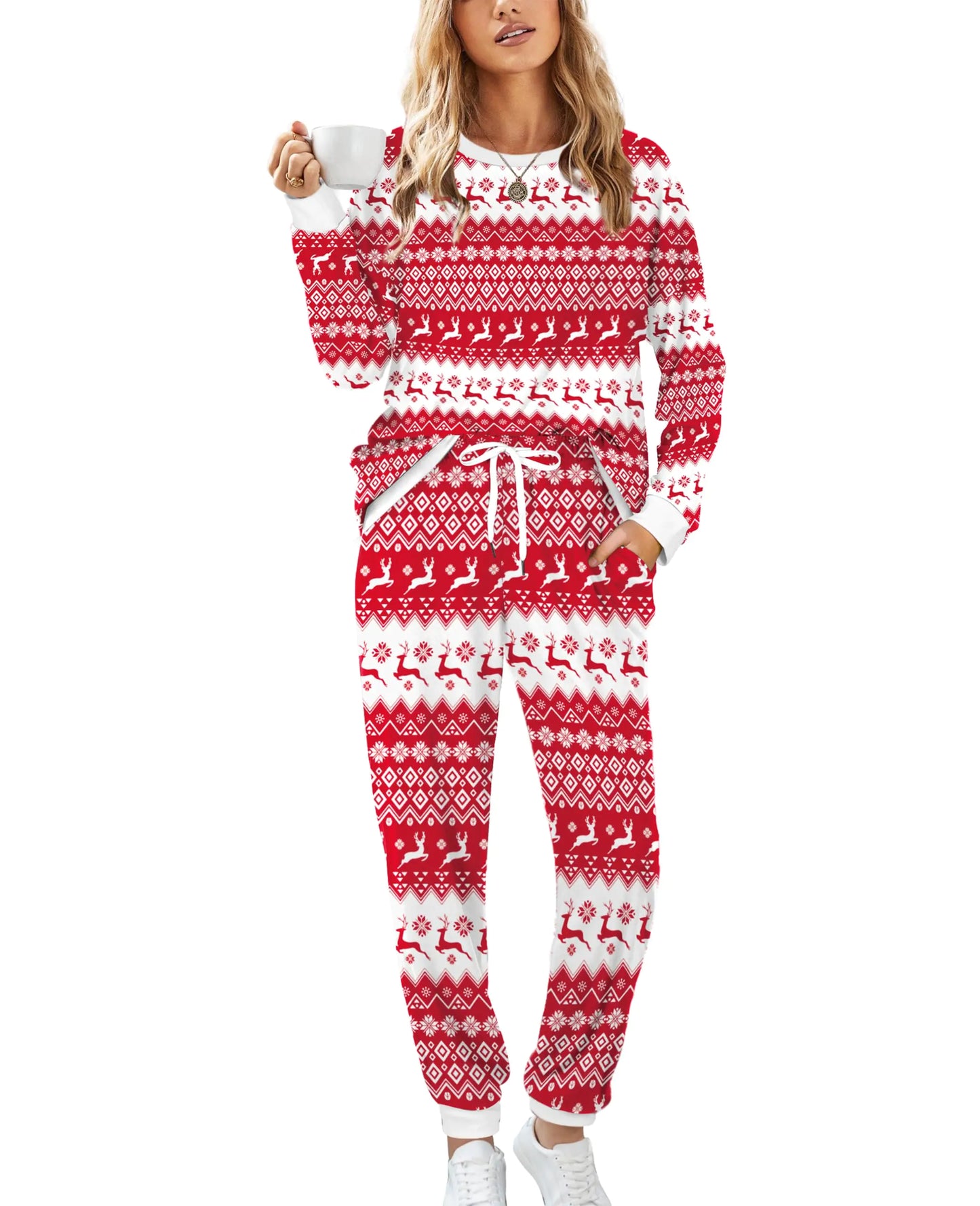 Women 2 Piece Christmas Pajamas Long Sleeve Lounge Set
