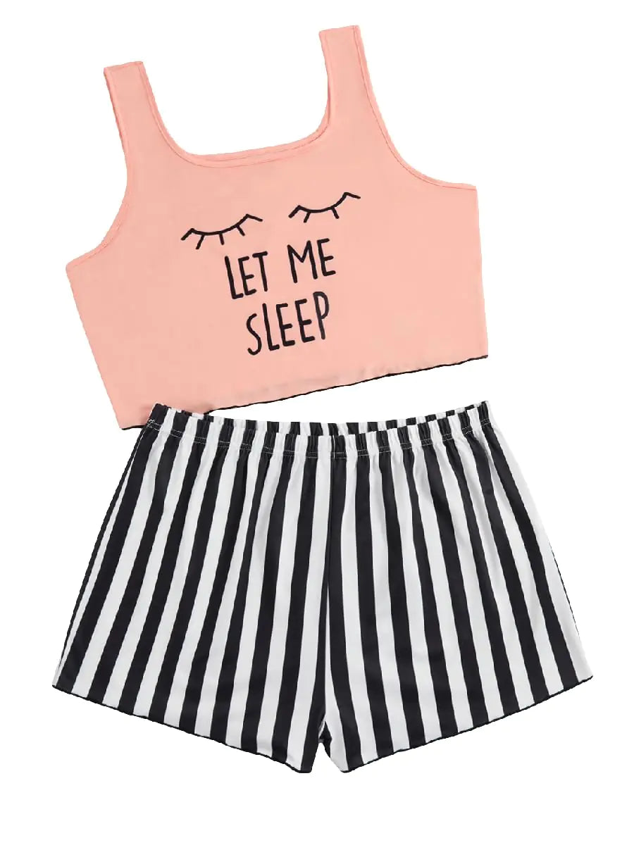 Women’s Sleepwear Cute Cartoon Print Scalloped Tank Top and Shorts Pajama Set Pink and Black