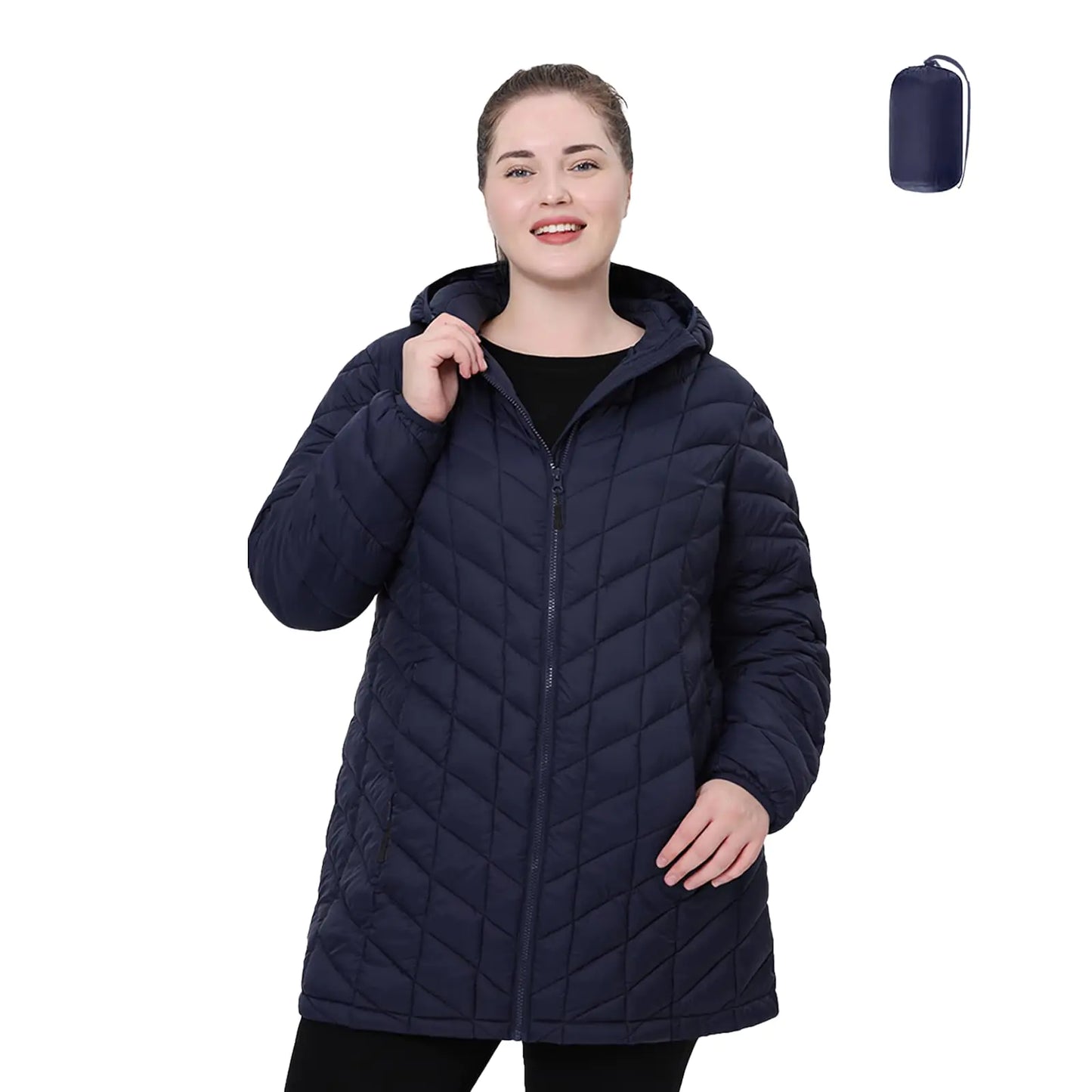 Women’s Puffer Jacket Water-Resistant Lightweight Hooded Winter Coat Navy Blue