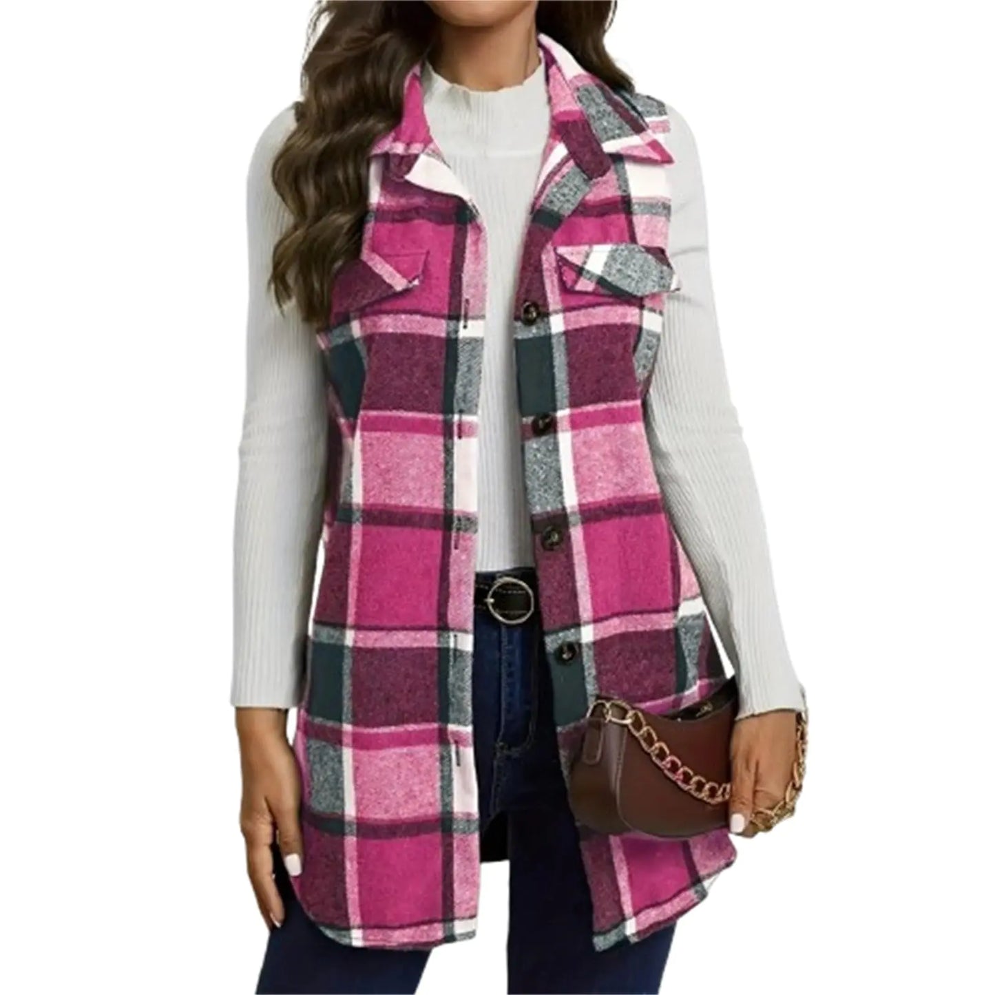 Women Flannel Plaid Sleeveless Button-Down Vest