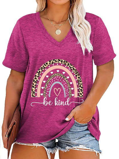 Women Be Kind V Neck Rainbow Leopard T-Shirts