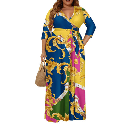 Milloud Solid Maxi Dress Flowy 3/4 Sleeve V-Neck with Belt and Pockets