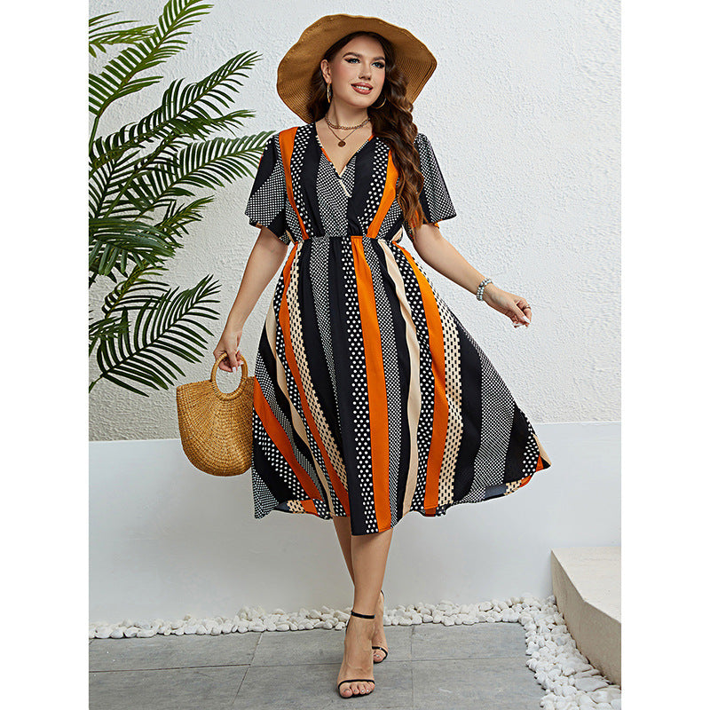 Striped Short Sleeve Summer Dress with V Neck