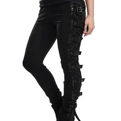 Women Gothic Pants with Side Buckles Black