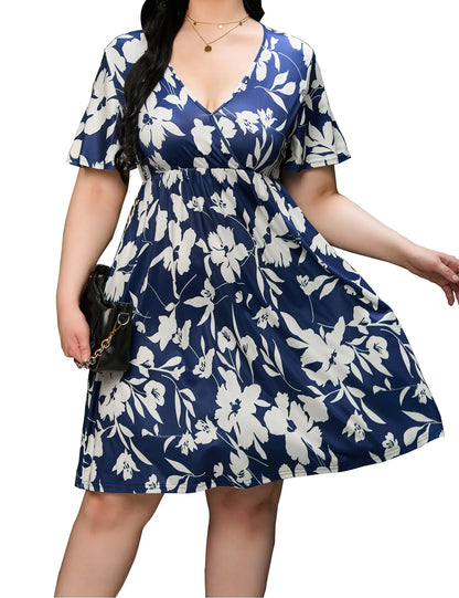 Women’s V Neck A-Line Knee Length A Line Party Wrap Swing Mini Dress Navy Blue Big Flower