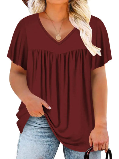 Women Cute Comfy Pleated Ruffle Sleeve V Neck Tops Wine Red