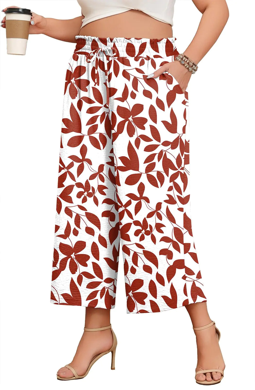 Women Elastic High Waisted Wide Leg Capri Cropped Lounge Pants