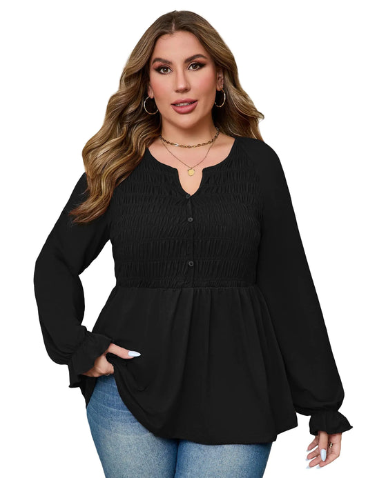 Women V Neck Peplum Blouse Long Sleeve Tunic Tops Black