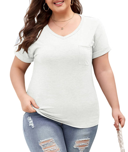 LALAGEN Women’s Rolled Short Sleeve V Neck Top White