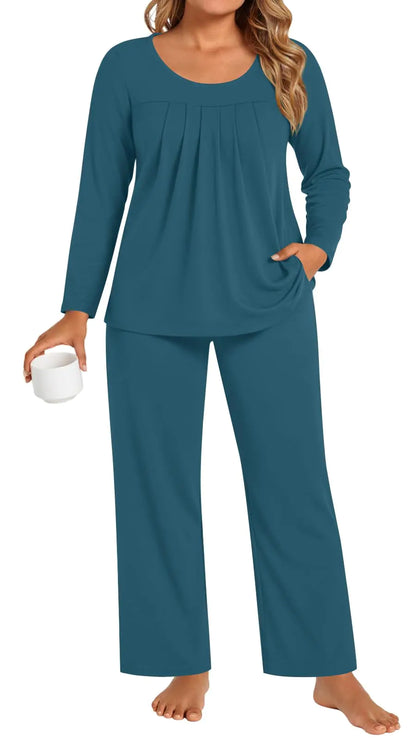 Findsweet Women Soft Long Sleeve Pajamas Sets 2 Piece Grey Blue