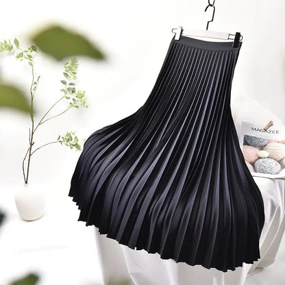 Women High Waist A-Line Pleated Midi Skirt