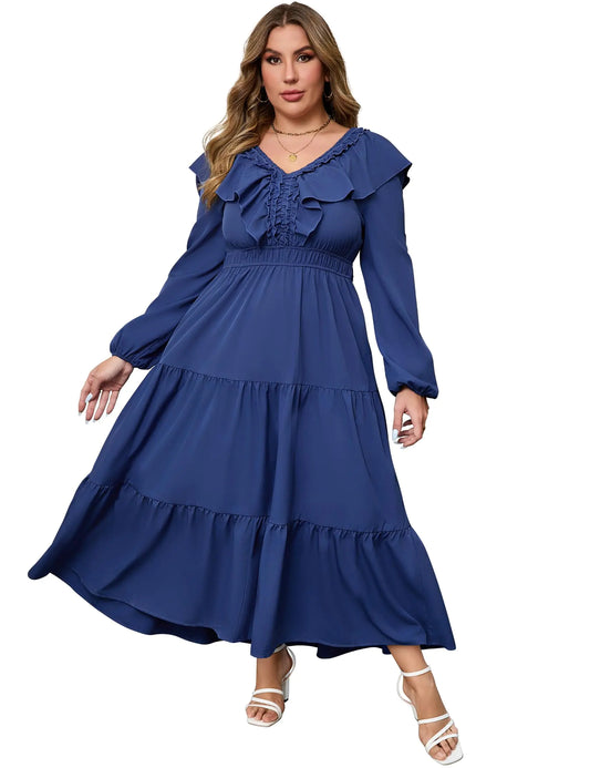 ShopWonder Women V Neck Long Sleeve Ruffle Front Dress