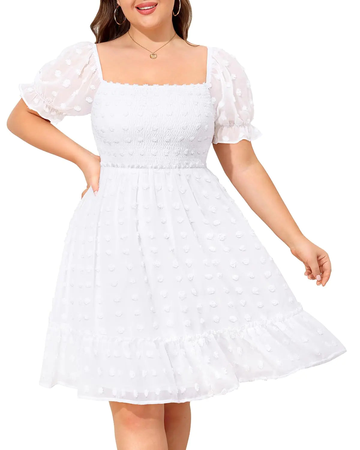 Women White Square Neck Swiss Dot Short Smocked Swing Dress