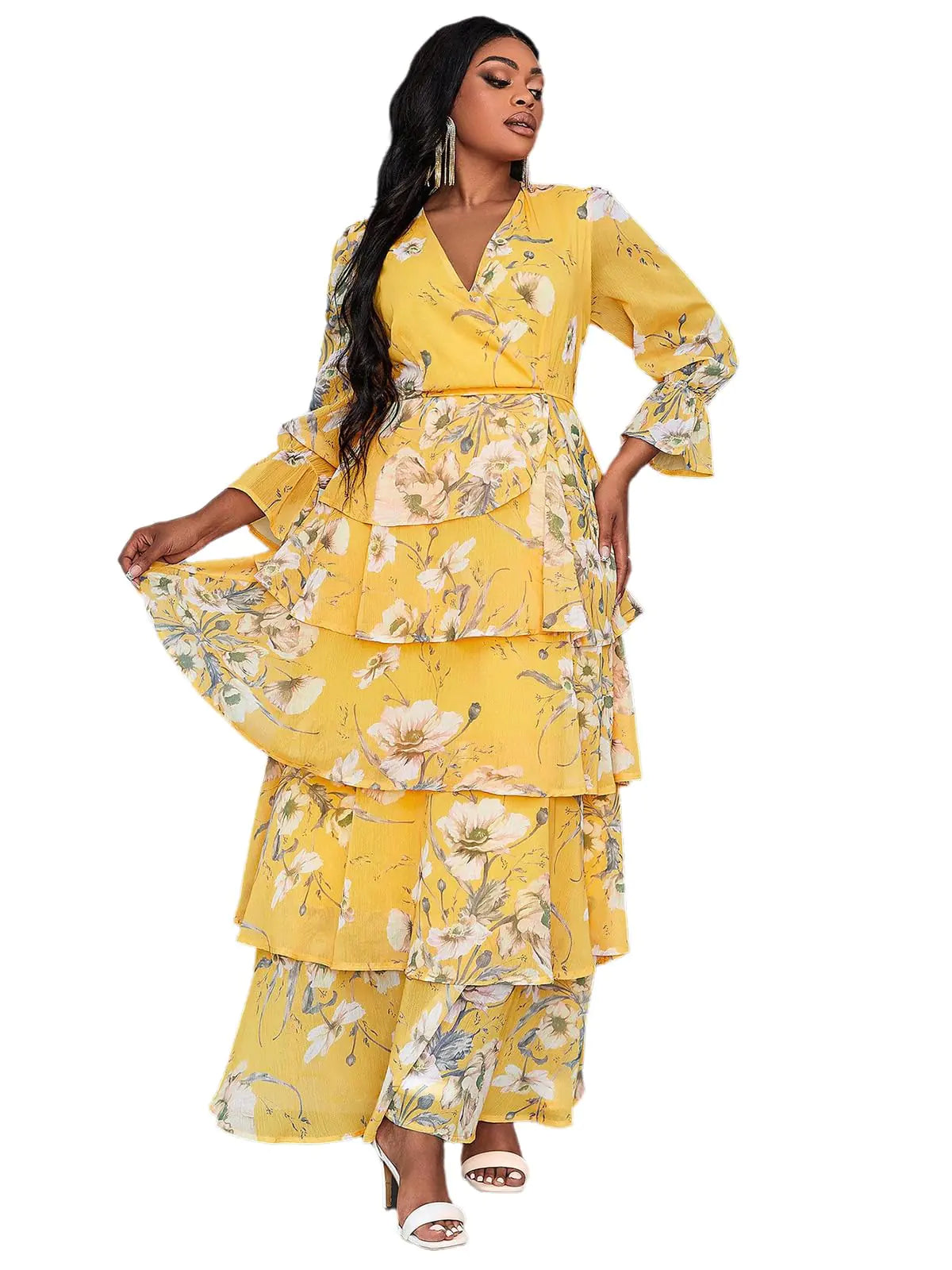 TOLEEN Spring Summer 2024 Plus Size Dresses for Women V Neck Casual Elegant Long Sleeve Floral Print Maxi Dress