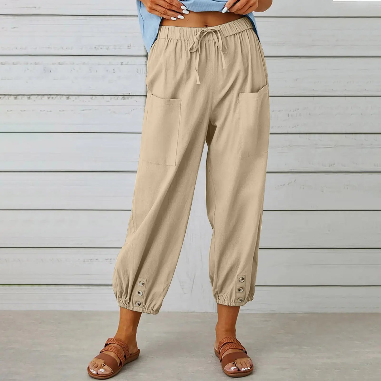 Women's Casual Drawstring Pants with Buttons