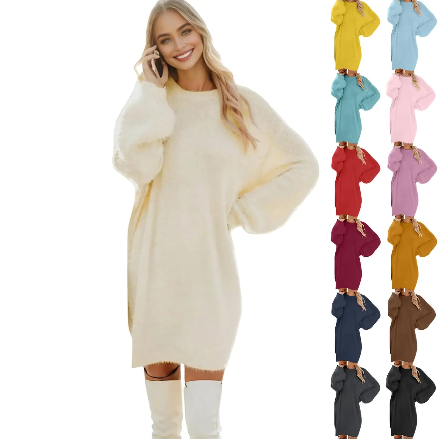 Women Sweater Dress Fuzzy Slouchy Oversized Long Sweaters for Leggings Casual Long Sleeve Tunic Sweatshirt Dress Plus Size Petite Chenille Knit Midi Sweater Dress Cute Fall Sleep Modest Shift Dresses