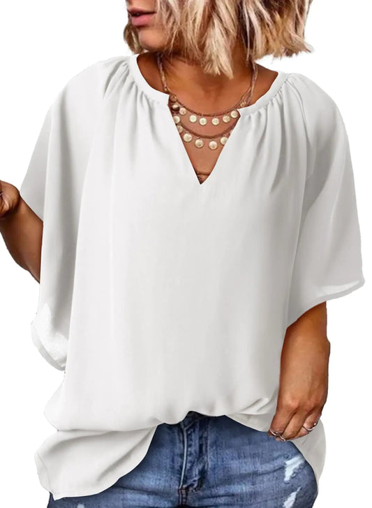 Women Flowy Chiffon Casual V Neck Bell Short Sleeve Top White