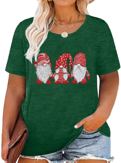 Women Three Little Gnomes Santa Graphic Christmas Short Sleeve Shirt Green