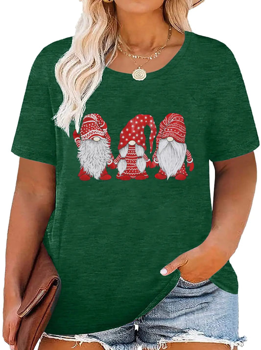 Women Three Little Gnomes Santa Graphic Christmas Short Sleeve Shirt Green