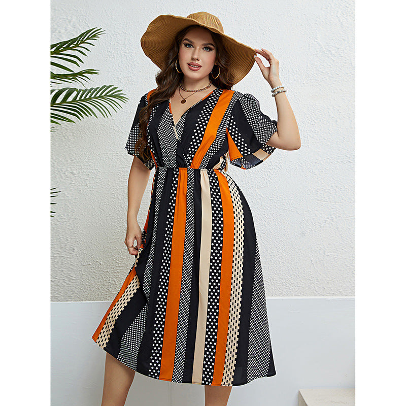 Striped Short Sleeve Summer Dress with V Neck