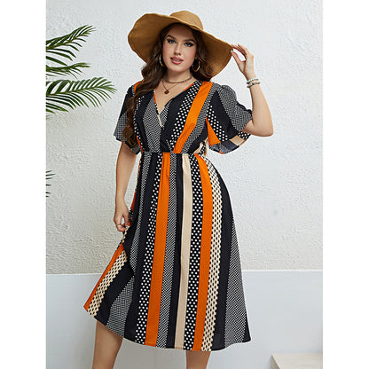 Striped Short Sleeve Summer Dress with V Neck