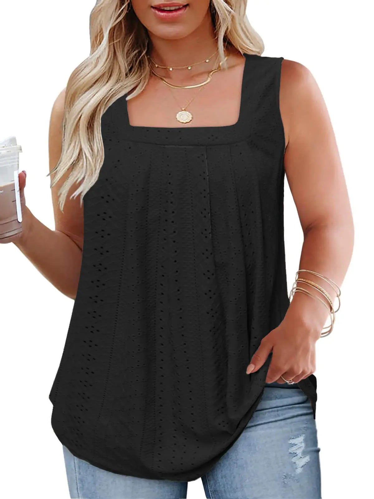 Women Sleeveless Square Neck Tank Tops Black