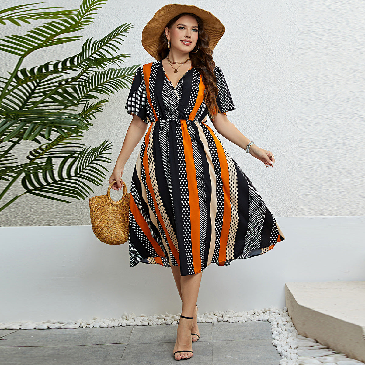 Striped Short Sleeve Summer Dress with V Neck