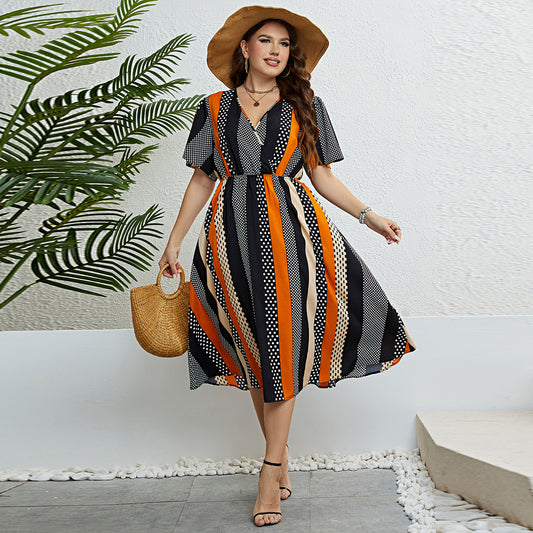 Striped Short Sleeve Summer Dress with V Neck