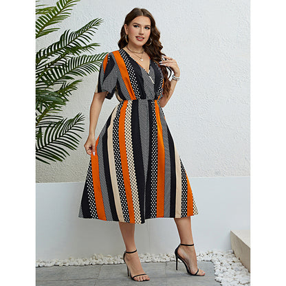 Striped Short Sleeve Summer Dress with V Neck