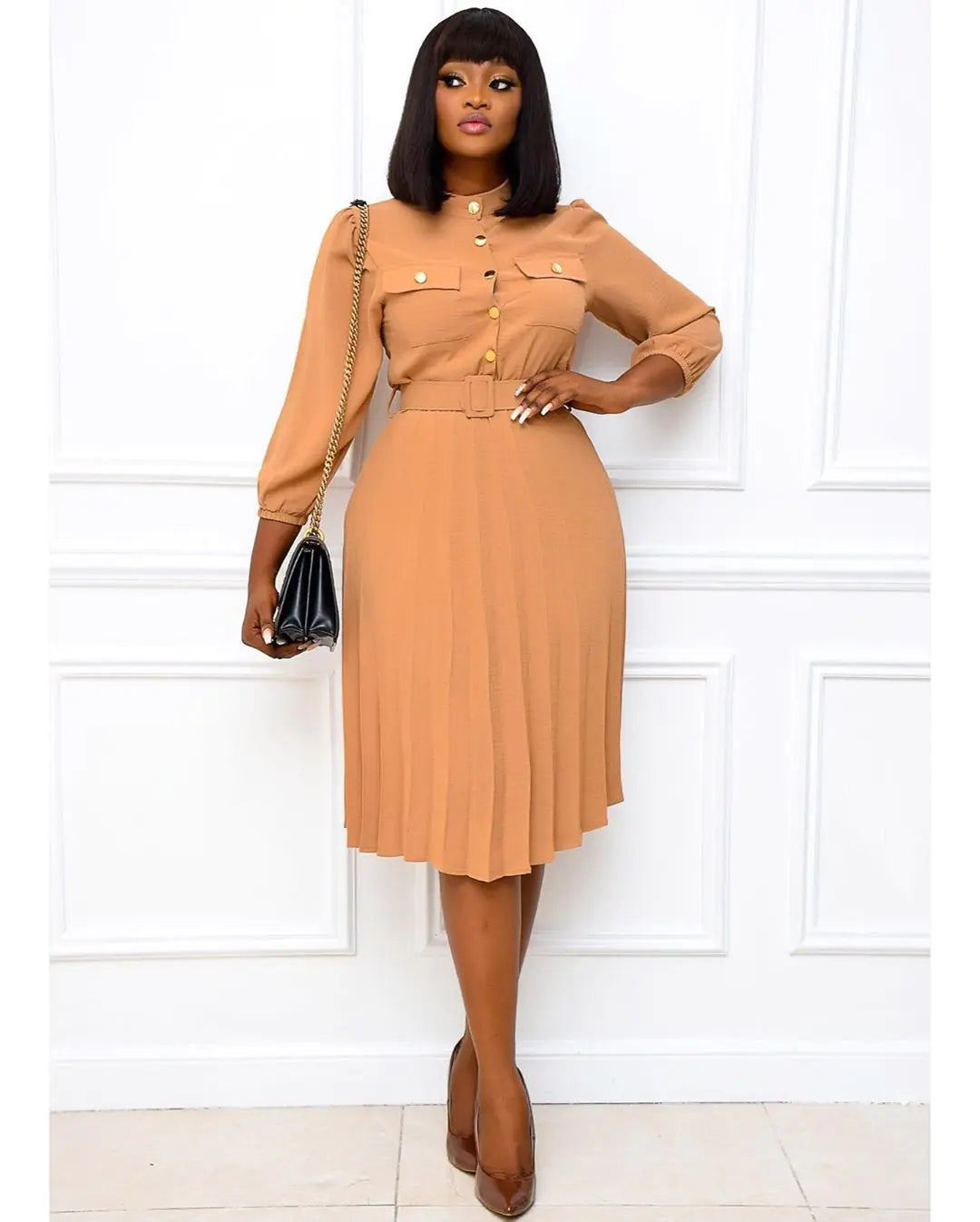 Women Solid Color A-Line Pleated Dress