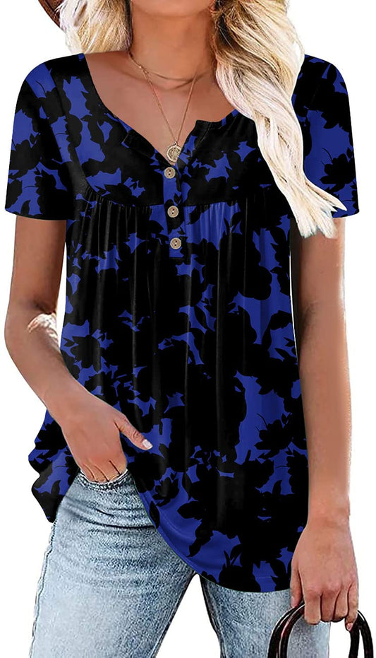 Aodemo Women's Summer Henley V Neck Button Up Tunic Ladies Loose Fit Tops Flowy Short Sleeve T-Shirts Plus Size Blouse XL Black Fl-Blue