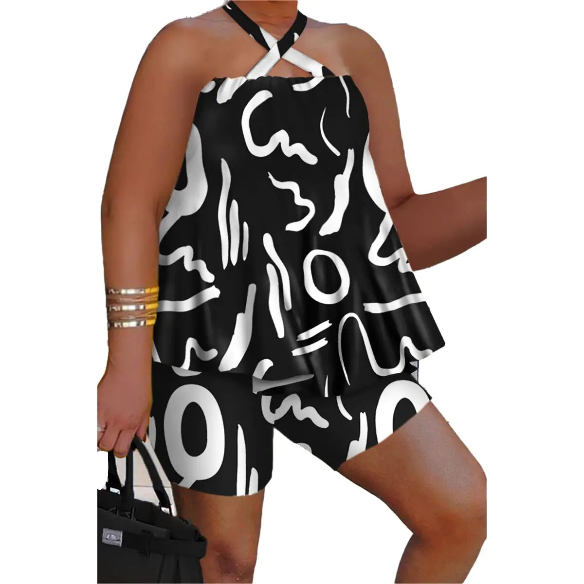Women's Graffiti Print Halter Top & Shorts Set